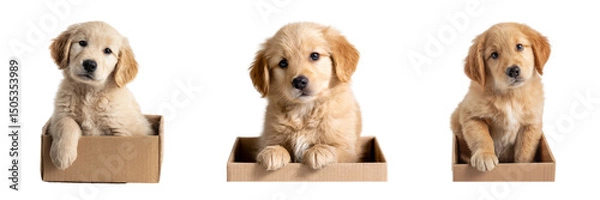 Fototapeta Set of Cute golden retriever puppy in a box isolated on a transparent background