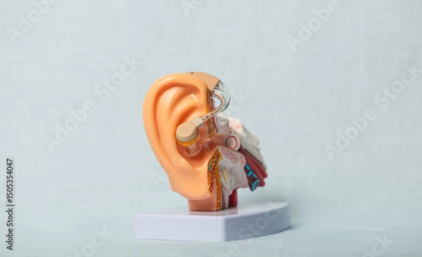 Fototapeta Modern hearing aid correcting hearing loss on anatomical model showing inner ear structure