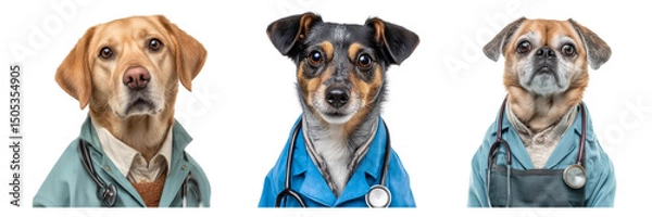 Fototapeta Set of dog doctor with stethoscope and apron look at the camera isolated on a transparent background