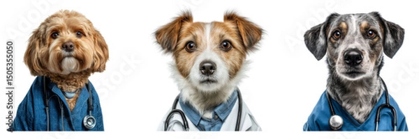 Fototapeta Set of dog doctor with stethoscope and apron look at the camera isolated on a transparent background