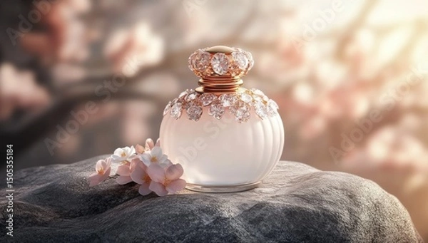 Obraz 3D rendered perfume bottle with gold cap, adorned with pink and white flowers on grey stone background