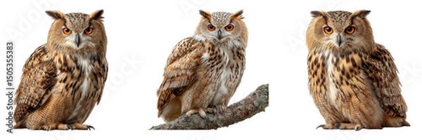 Fototapeta Set of majestic Eurasian eagle-owl with striking orange eyes and feathered ear tufts perches isolated on a transparent background