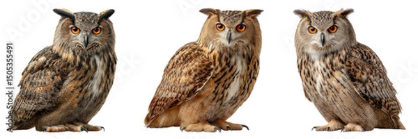 Fototapeta Set of majestic Eurasian eagle-owl with striking orange eyes and feathered ear tufts perches isolated on a transparent background