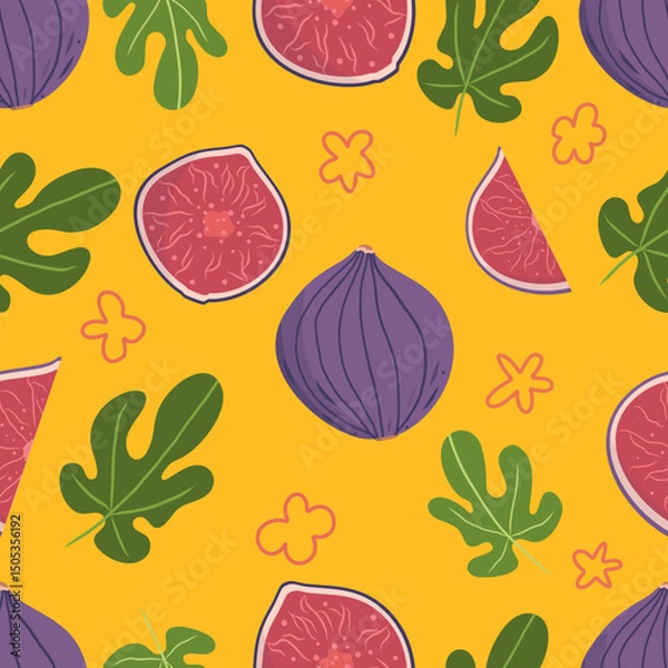 Obraz Cute figs seamless vector pattern. Purple figs and leafs, yellow background