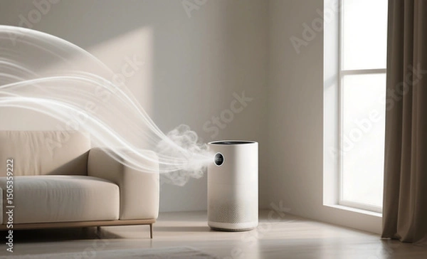 Obraz Air Purifier with Visible Airflow Circulation Pattern in Modern Living Room with Sofa and Window