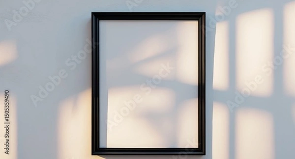 Fototapeta Minimalist Black Frame Mockup on White Textured Wall with Window Shadows, Simple Decor