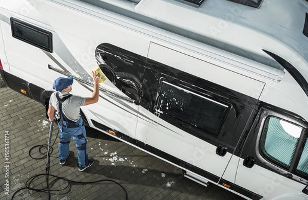 Fototapeta Professional Cleaning of a Recreational Vehicle Takes Place in a Driveway During Daylight Hours