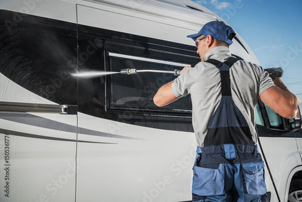 Fototapeta Man Washing a Camper Van With a Pressure Washer on a Sunny Day at an Outdoor Location
