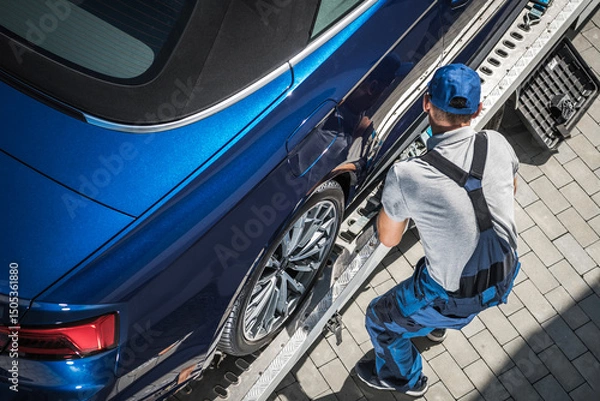 Fototapeta Mechanic Working on a Blue Car During Vehicle Transport on a Sunny Day