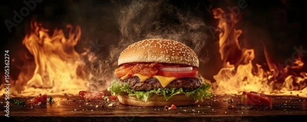 Obraz Flaming Burger on Wooden Table with Scattered Tomato Pieces in Black Background - Food Photography Image