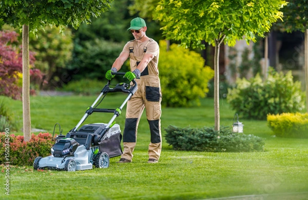 Fototapeta Lawn Care Expert Mows Grass in a Lush Garden During a Sunny Afternoon in Early Spring