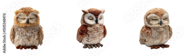 Fototapeta A full-body plushie of a sleepy owl with soft feathers and closed eyes, perched quietly on a transparant background.