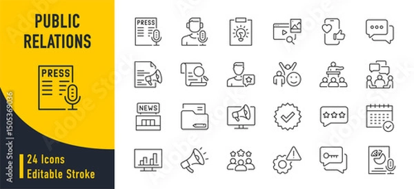 Obraz Public Relations web icons in line style. Social media, interview, reputation, press, feedback, planning, news, collection. Vector illustration.