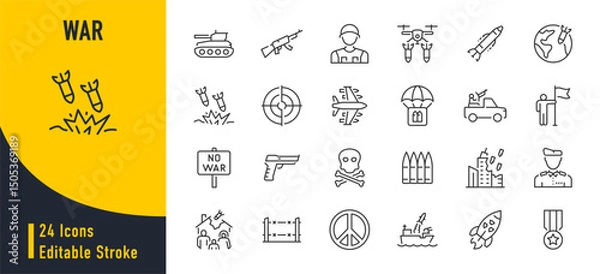 Obraz War web icons in line style. Army, battle, conflict, military, missile, refugees, bomb, tank, collection. Vector illustration.
