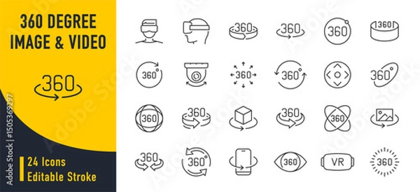 Obraz 360 Degree image view web icons in line style. Virtual reality, vr glasses, panorama, round, collection. Vector illustration.
