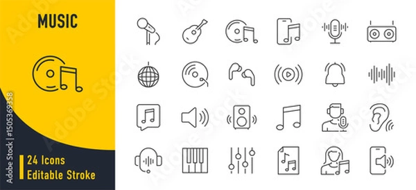 Obraz Music web icons in line style. Audio wave, music, volume, speaker, headphones, mic, musical note. Vector illustration.