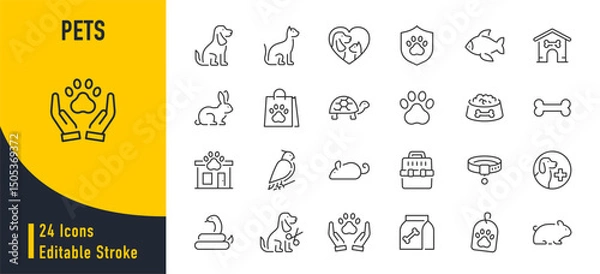 Obraz WebPets web icons in line style. Dog, cat, rabbit, hamster, bird, bone, pets, vet help. Vector illustration.