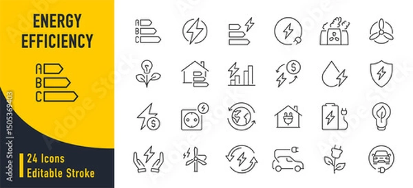 Obraz Energy efficiency web icons in line style. Green enegry, power plant, planet care, protection, solar energy. Vector illustration.