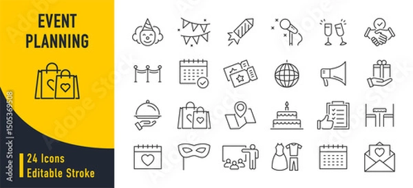 Obraz Event planning web icons in line style. Holiday, event, party, celebration, entertainment. Vector illustration.