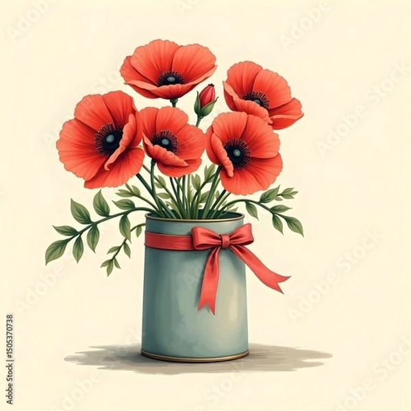 Fototapeta Summer Serenity: Fragrant red poppies in vintage tin vase on greeting card