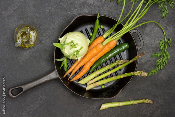 Fototapeta Fresh carrots with green tops, green pepper pod and asparagus in frying pan.