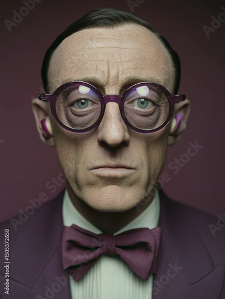 Obraz Portrait of a man in suit and glasses, vintage style and strong expression, ideal for business, fashion, and editorial stock photography applications.