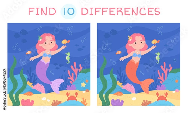 Fototapeta Mermaid find differences game. Underwater location with cute little mermaid, plants and fish. Development game for children, racy vector template