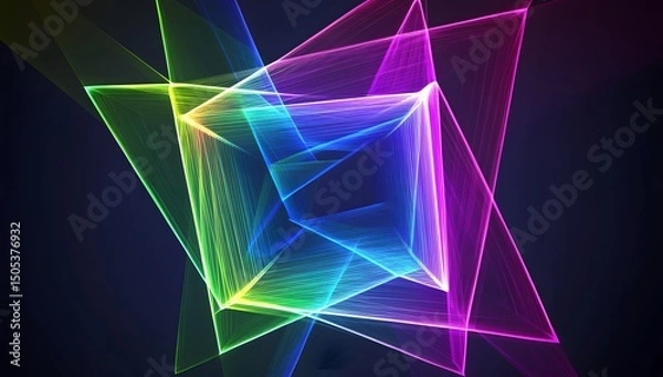 Fototapeta Abstract background with blue, green, and purple lines in a square shape, with a glowing effect on a dark background. 