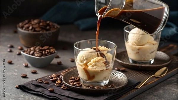 Fototapeta A delicious affogato being poured, with scoops of vanilla ice cream and roasted coffee beans.