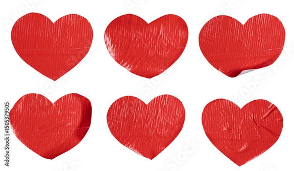 Obraz Set of red heart shaped tickers, each sticker made from textured plastic film with a crumpled texture, isolated on white background, png