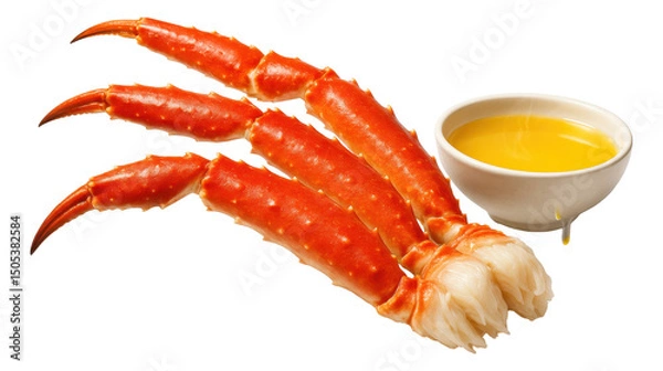 Fototapeta Succulent crab legs paired with a bowl of melted butter on transparent background.