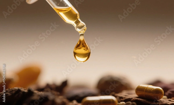 Obraz Golden Essential Oil Dropper with Vitamin Capsules and Herbs on Natural Background