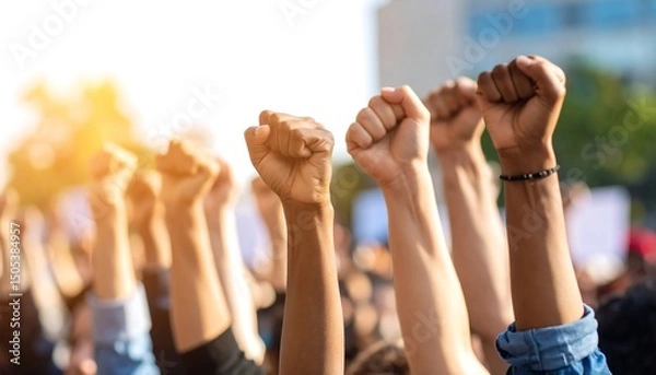 Fototapeta Raised fists with protest, unity, and city.