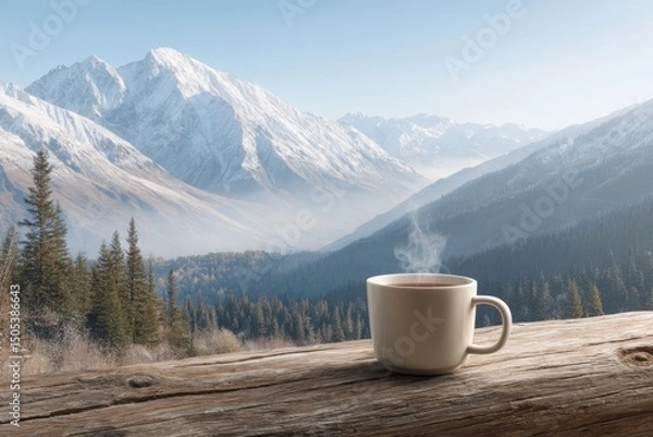 Obraz Coffee cup with mountain view on white background