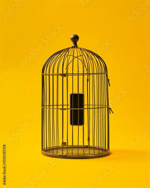 Fototapeta Bird Cage Containing a Single Smartphone on Yellow Background Symbolizing Digital Captivity and Tech Dependence. Generative AI