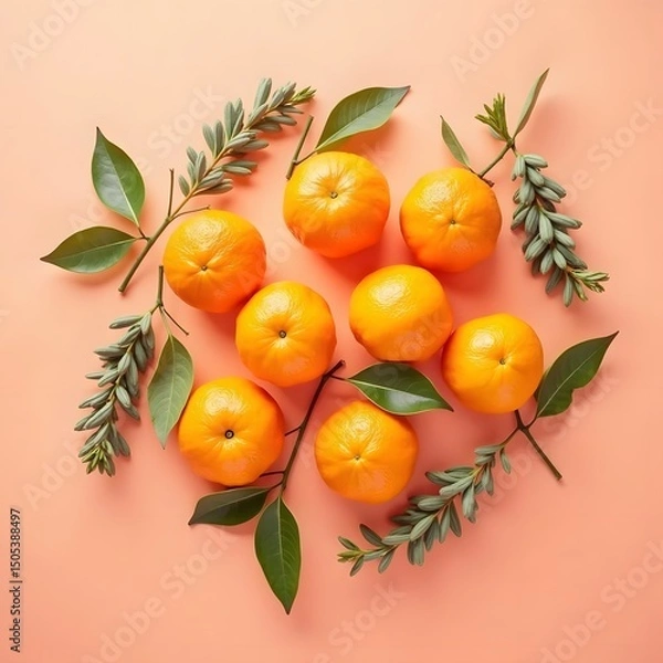Fototapeta Vibrant Pomelos and Sage Clusters: A Refreshing Coral Composition