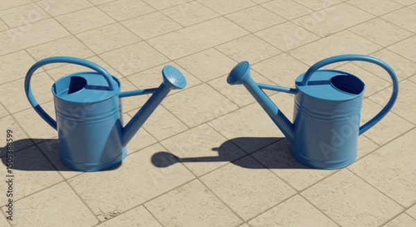 Obraz Two blue watering cans on tiles