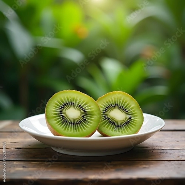 Fototapeta Serenity in Nature: A Fresh Apple in Stone Dish on Wood Table in Forest Clearing