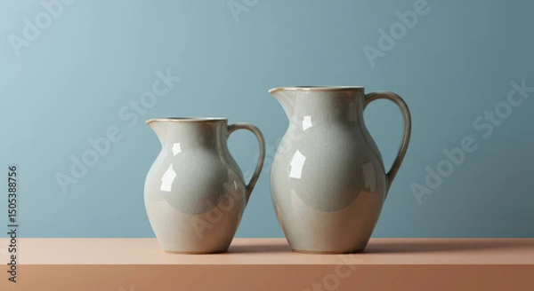 Fototapeta Two light gray pitchers on peach surface