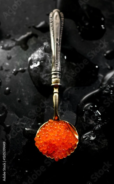 Fototapeta Red caviar in a spoon over black stone background, with ice. Close-up of salmon fish roe caviar. Delicatessen. Texture of trout caviar. Seafood backdrop. Top view, vertical shot from above. 