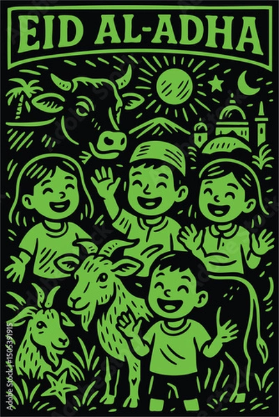Fototapeta Hand-Drawn Eid al-Adha Illustration in Linocut Style