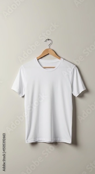 Fototapeta A plain white t shirt hanging on a wooden hanger against a neutral colored wall in a studio setting