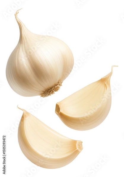 Fototapeta Whole garlic bulb with two separated cloves on transparent background.