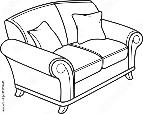 Fototapeta Line Drawing of a Cozy Two-Seater Sofa with Pillows