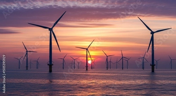 Fototapeta A high emotional impact microstock image of an offshore wind farm at sunrise.The wind turbines are silhouetted against the vivid, colorful sky, giving a sense of anticipation and the dawn of a new era