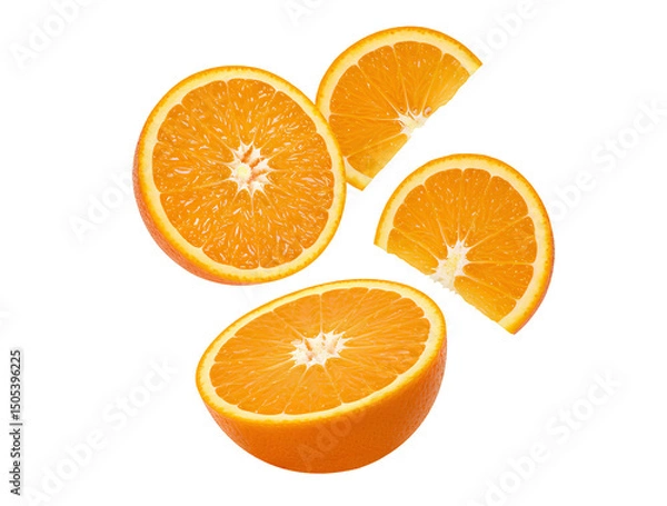 Fototapeta orange slices falling down png. citrus fruit orange sliced isolated. sliced oranges flying isolated. refreshing, organic and healthy orange slices full of juice png