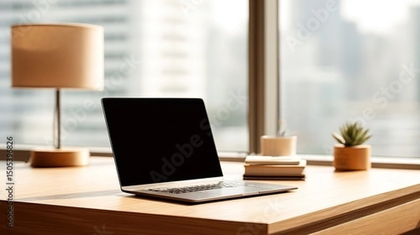 Fototapeta Neat wooden desk with organized paperwork, a minimalist workspace promoting focus and productivity	