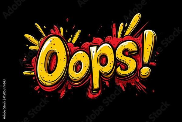 Obraz The word “Oops!”, written in a comic book style font, is isolated on a black background, with yellow splashes and a red outline behind the text.
