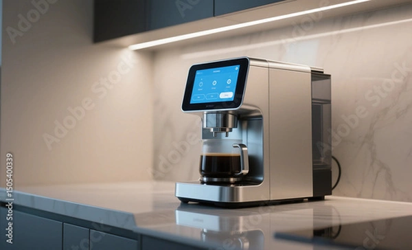Obraz Modern Coffee Maker with Touchscreen Interface in Contemporary Kitchen with Marble Countertop and Ambient Lighting