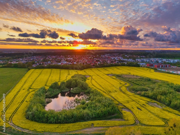 Fototapeta Amazing sunset over the spring fields of Rotmanka, Poland